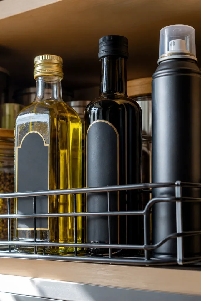 Small pull-out basket under a pantry shelf holding oil and vinegar bottles
