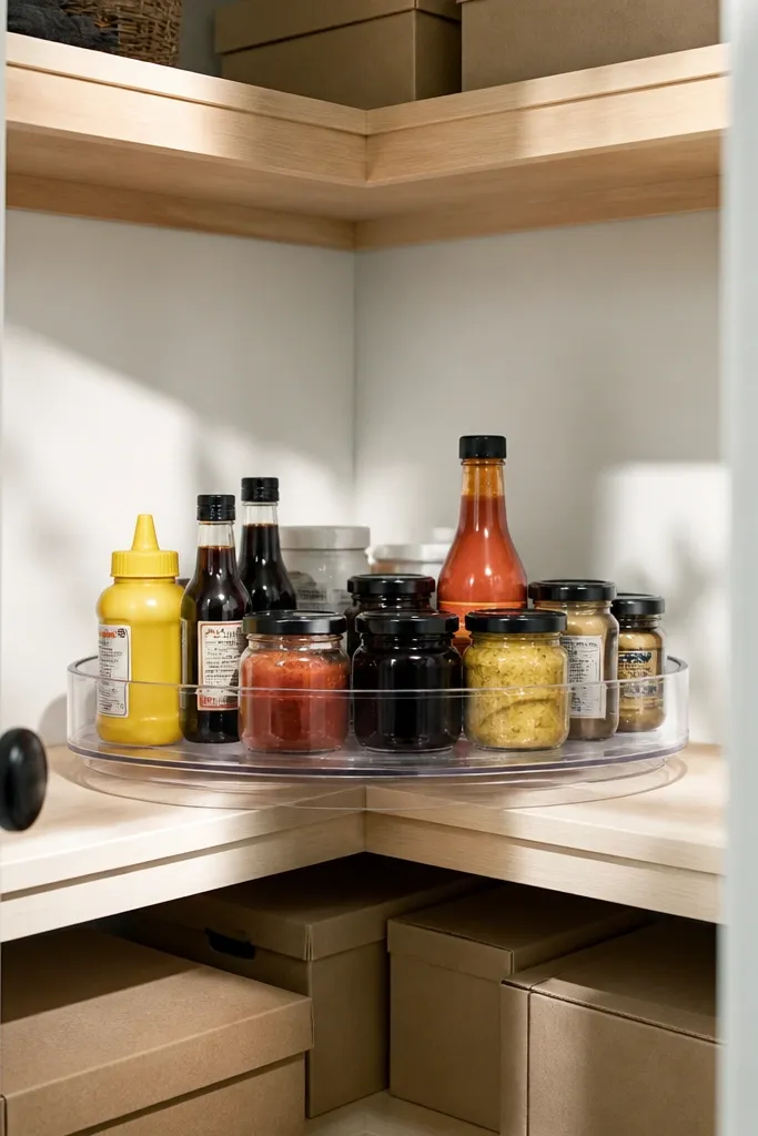 Small round turntable holding condiments neatly in a pantry corner