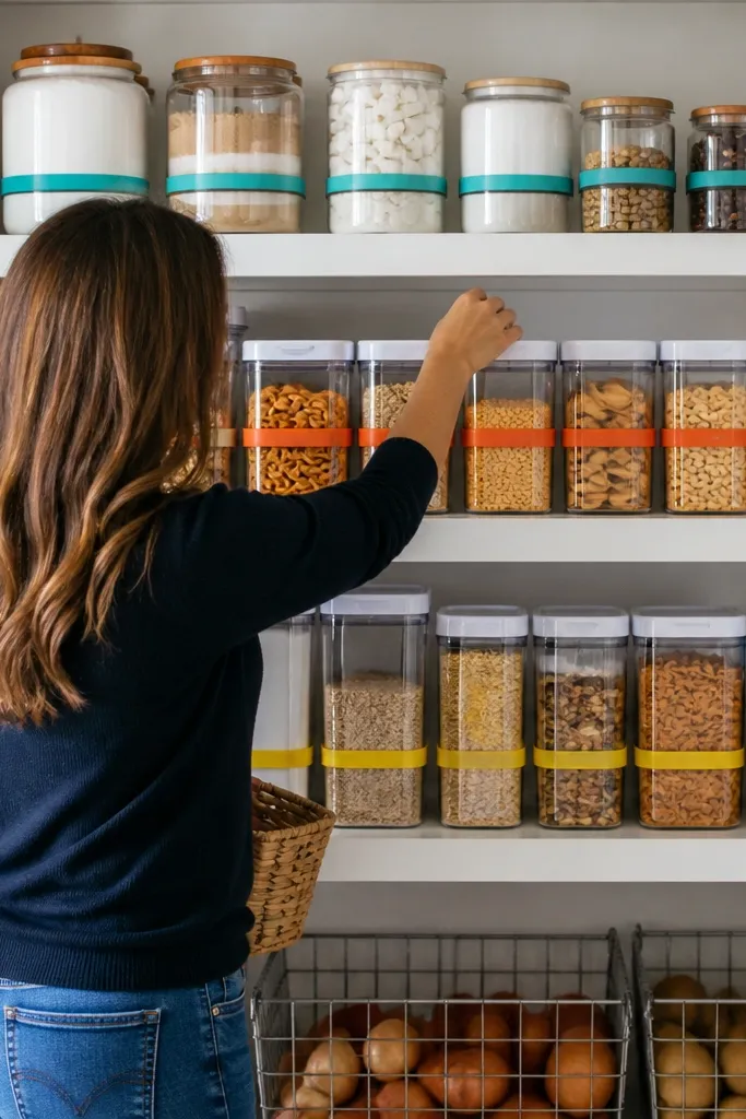 Color-coded label bands on pantry jars and bins