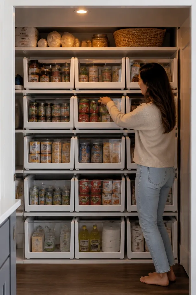 Stacked plastic drawer crates holding pantry cans and boxes