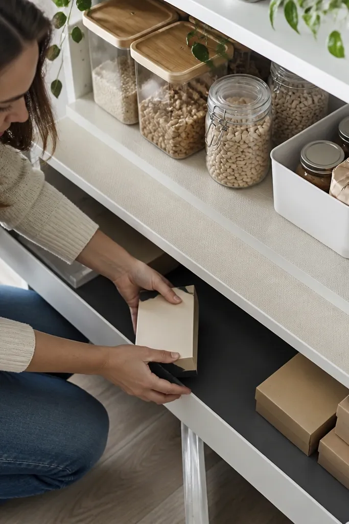 Black-and-cream shelf liner making pantry shelves look styled