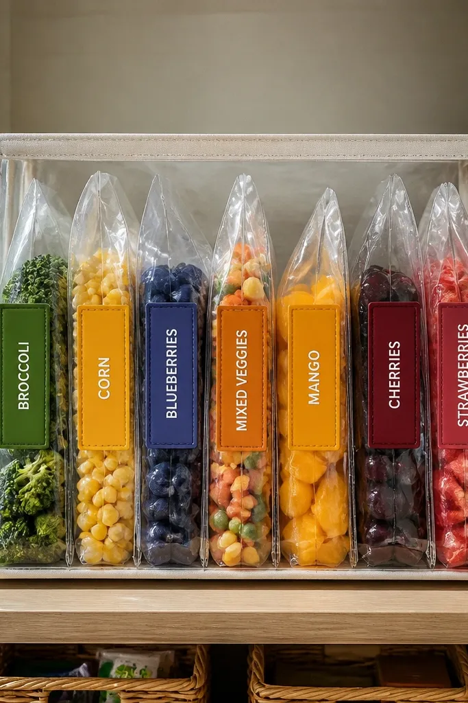 Clear bag organizer holding produce or snack bags with vertical label tabs