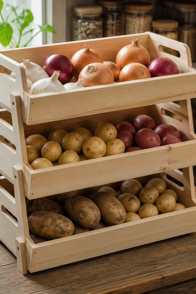 Tiered wooden crate display holding potatoes, onions, and dry pantry bags