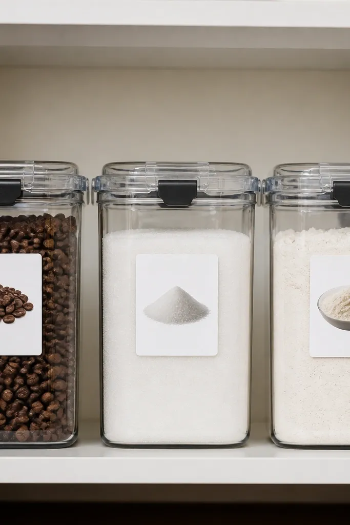 Matching canisters with clear lids and labels lined on pantry shelves