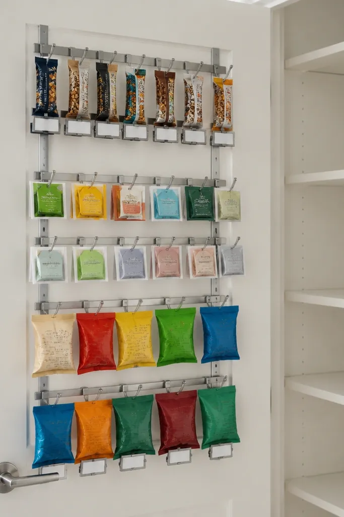 Snacks hanging on door hooks with label tags facing outward