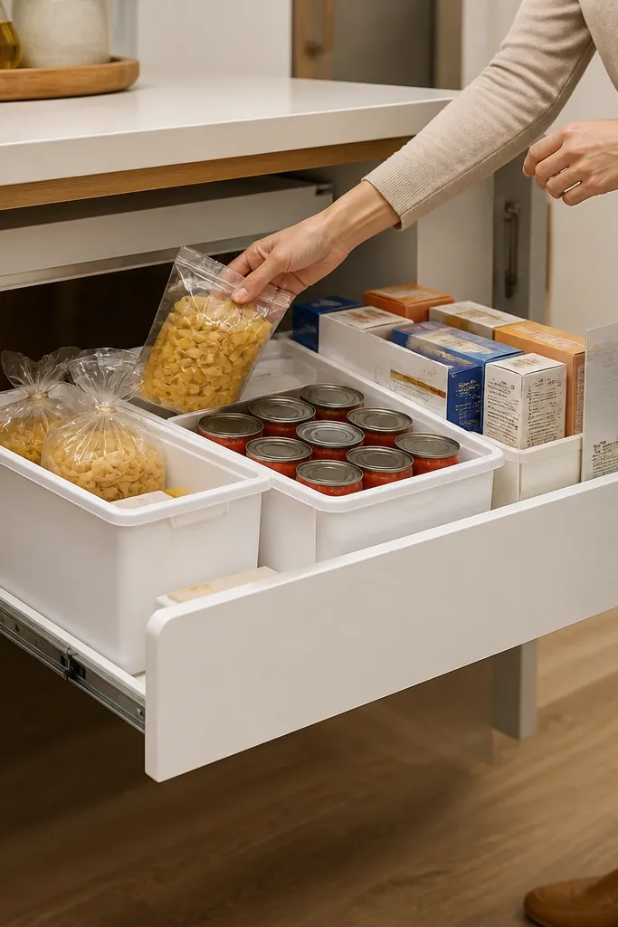 Small drawer under pantry shelf with bins for dry goods