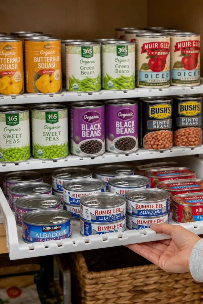 Pull-out can rack with labeled fronts neatly arranged