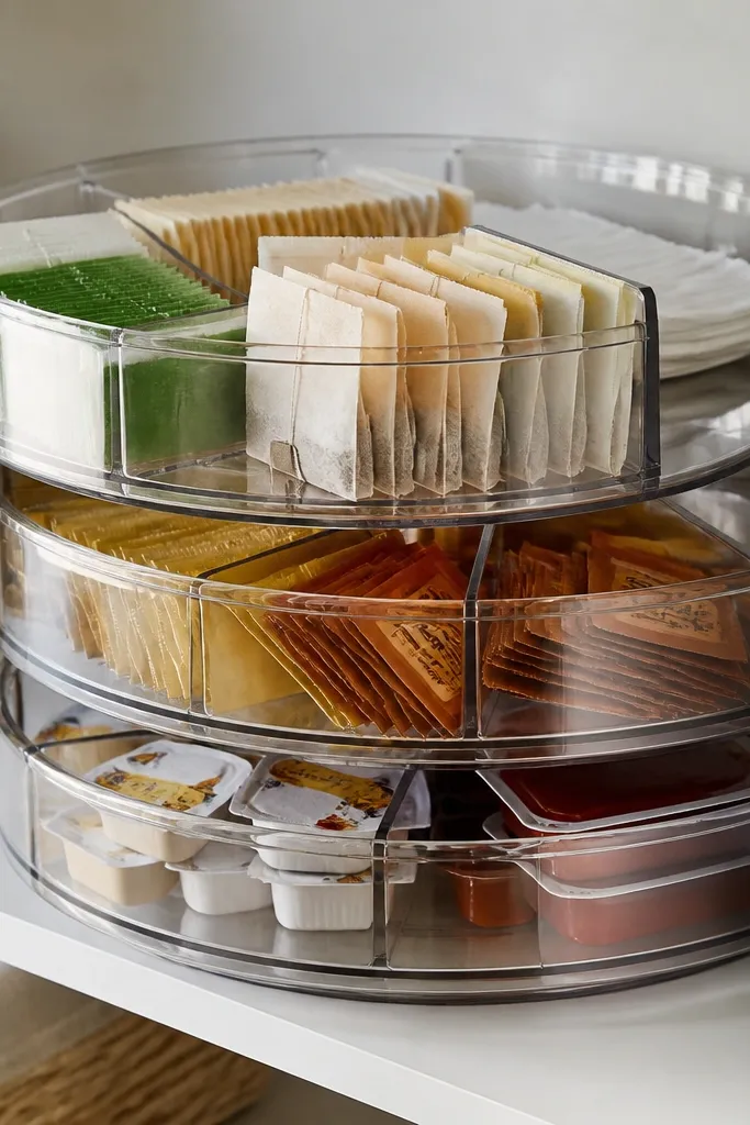 Small clear turntables stacked for pantry odds and ends
