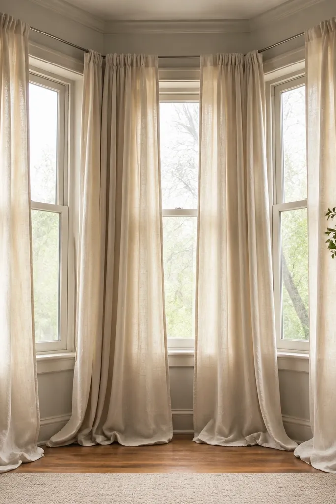 Floor-length cream linen curtains hung on rods around a bay window.