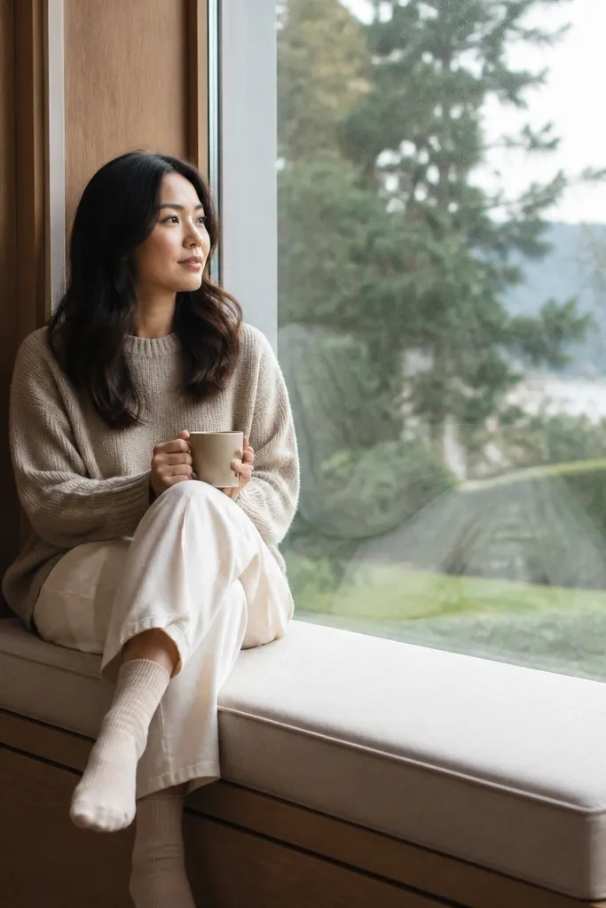 A large cushioned window seat in warm neutral fabric inside a bay window.