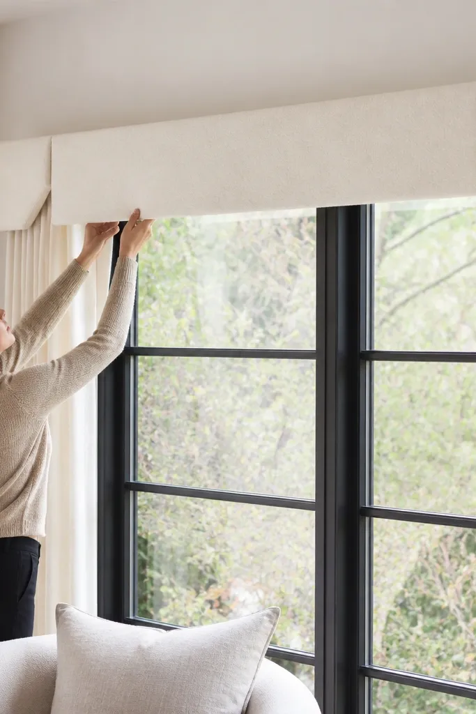 Wool felt valance draped across three angled bay window sections.