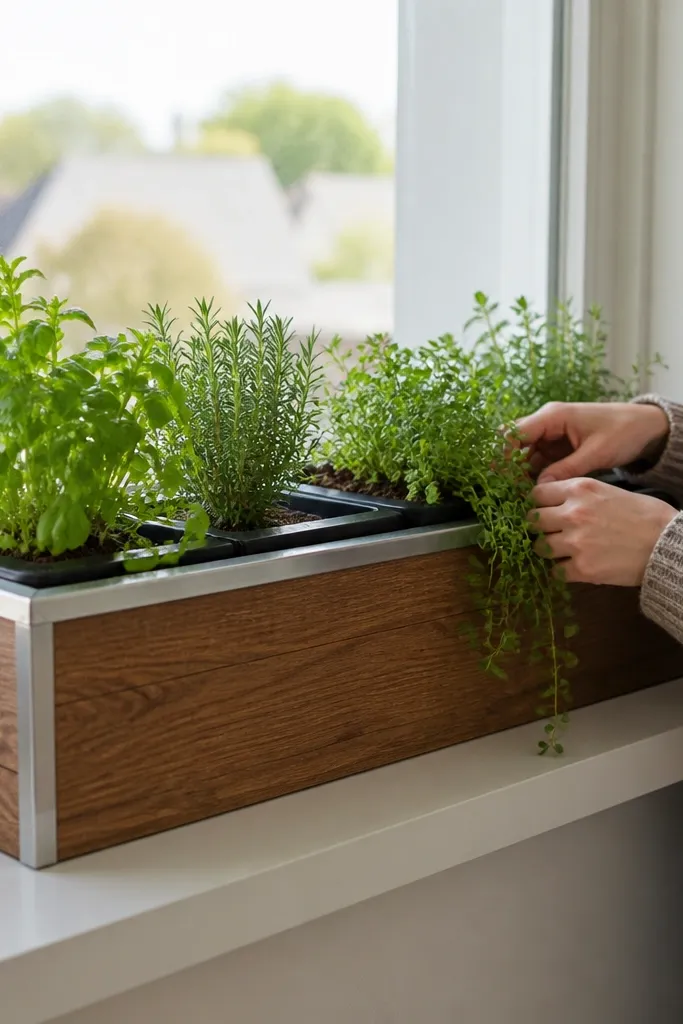 A long planter box on the bay sill with greenery and a removable liner.