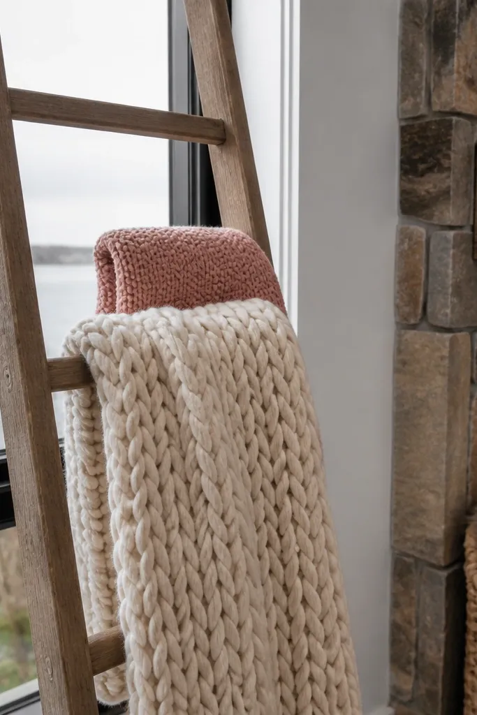 A small freestanding ladder holding chunky knit throws in warm neutrals.