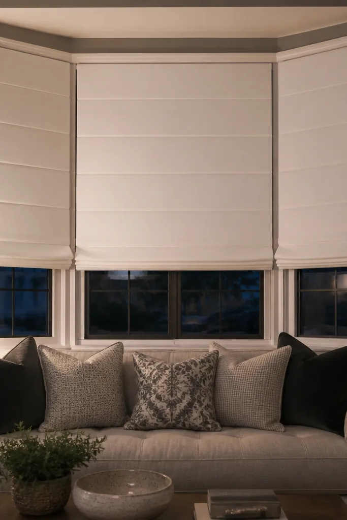 A fabric roman shade with soft folds covering a bay window without wall hardware.