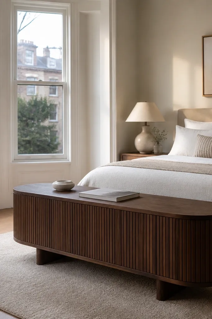 A low console table placed under a bay window with a lamp and tray.