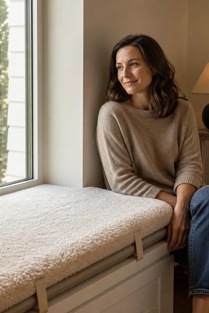 A faux shearling cover draped over a bay window seat cushion.