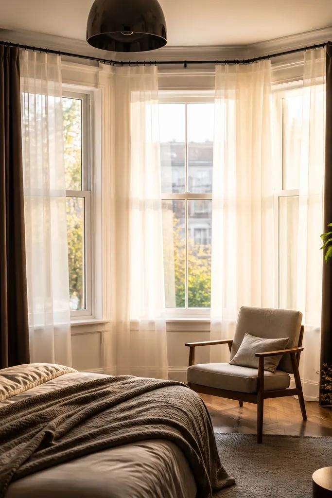 Sheer curtains over blackout panels at a bay window, layered for light control.