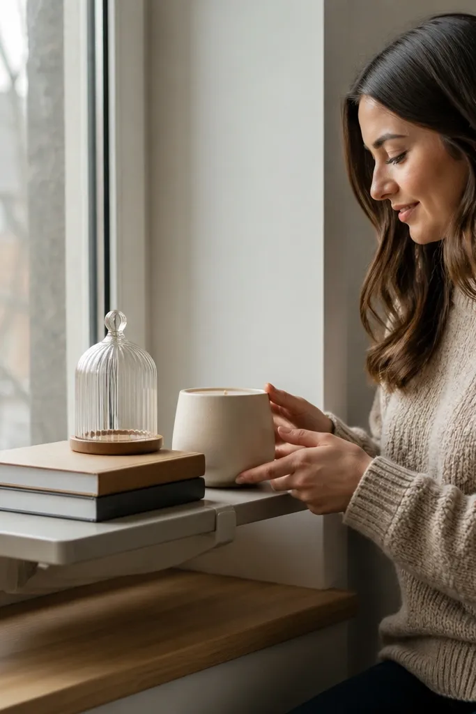A small removable shelf on the bay window wall holding books and candles.