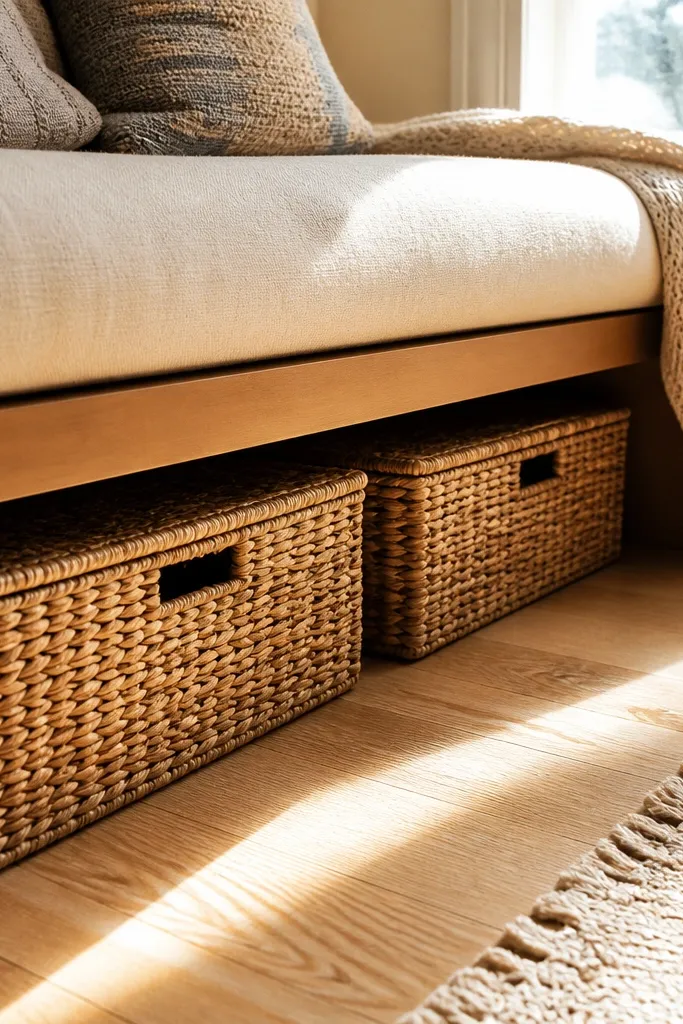 Woven baskets stacked under a bay window seat with a neat, tidy look.