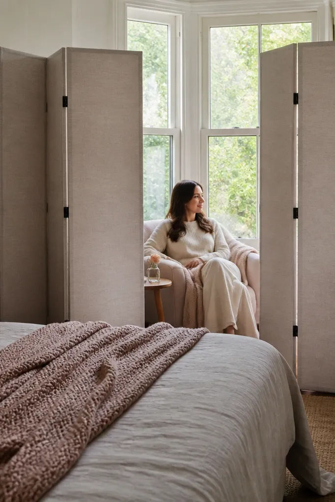 A folding privacy screen placed in the bay corner with soft fabric panels.