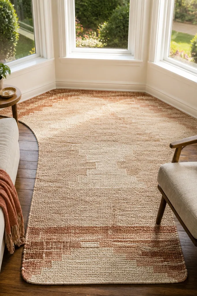 A warm patterned rug runner shaped to follow bay window angles.