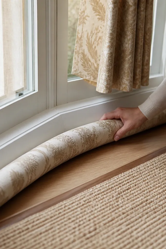 A decorative fabric draft guard along the bay window base inside a bedroom.