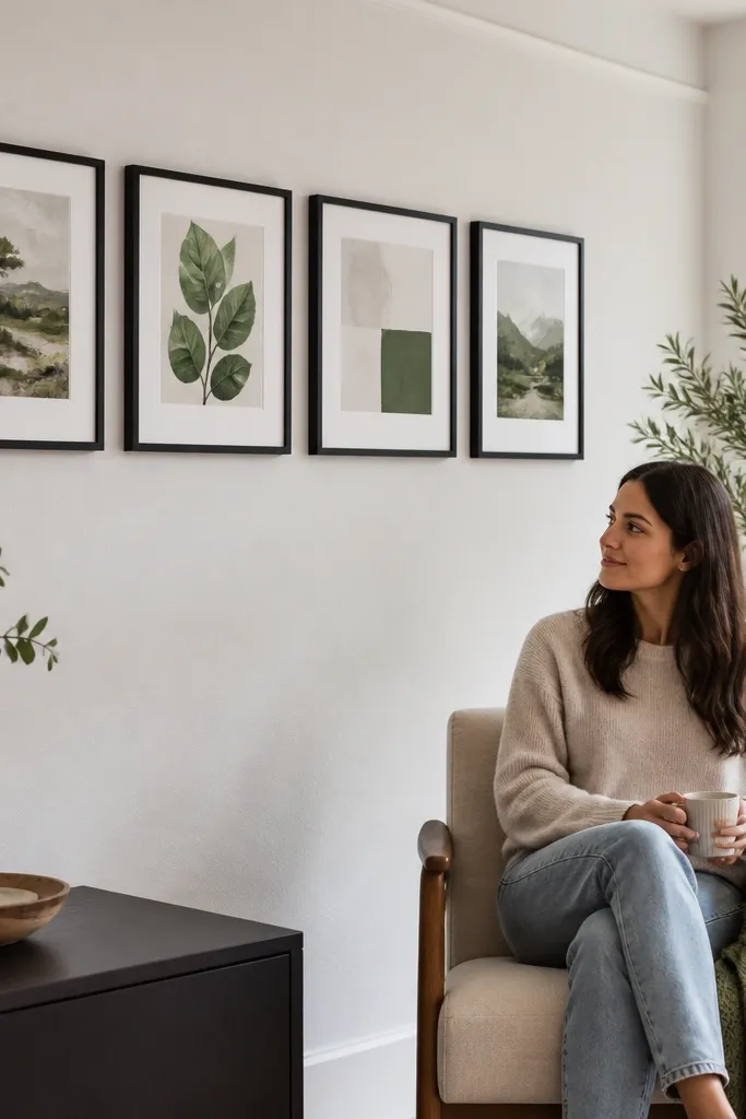 A small gallery wall framed by a bay window with matching warm-toned prints.