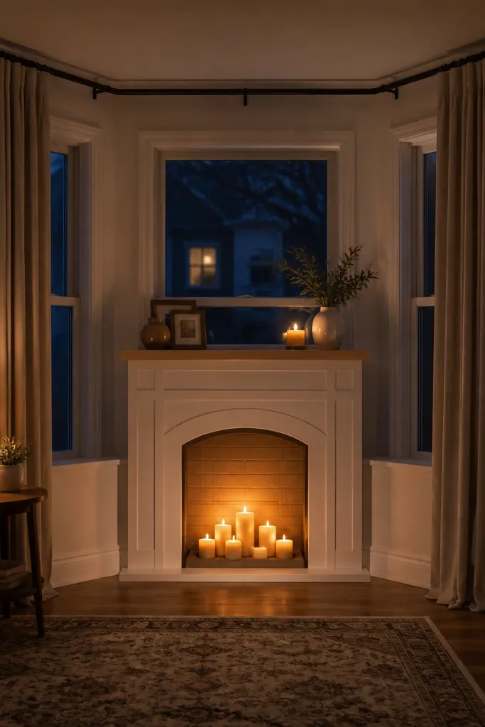 White faux fireplace frame with a faux log insert under a bay window