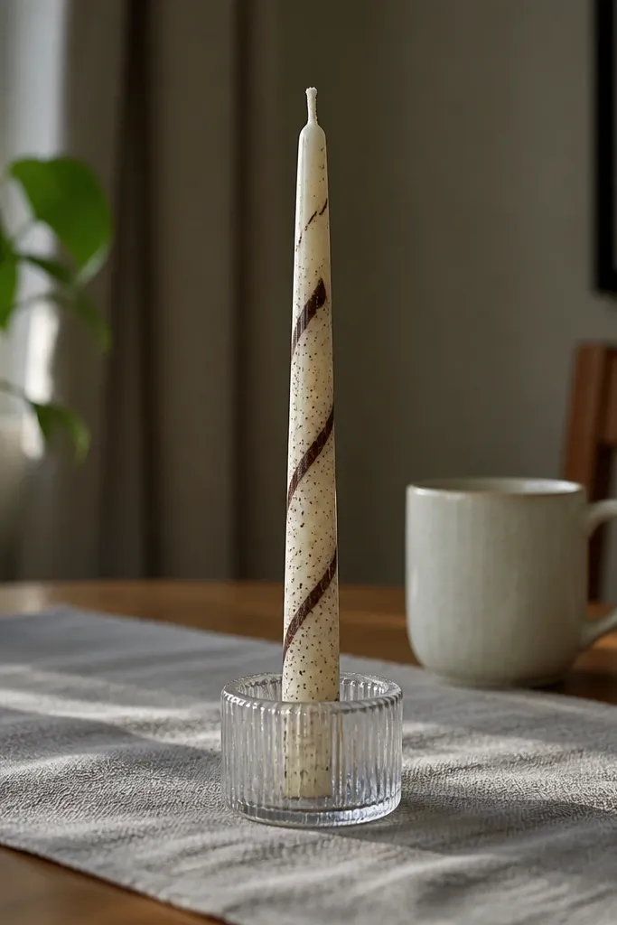 Off-white candle with tiny speckles and a thin dark spiral around it