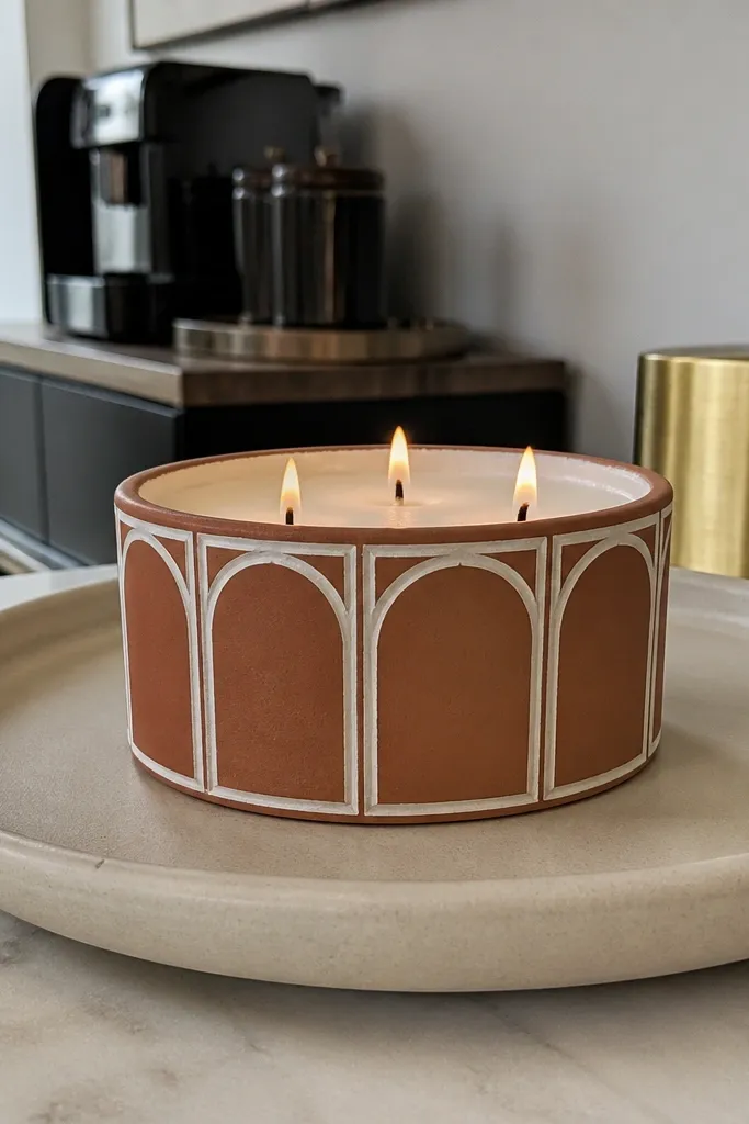 Cream candle with terracotta arched blocks outlined in white
