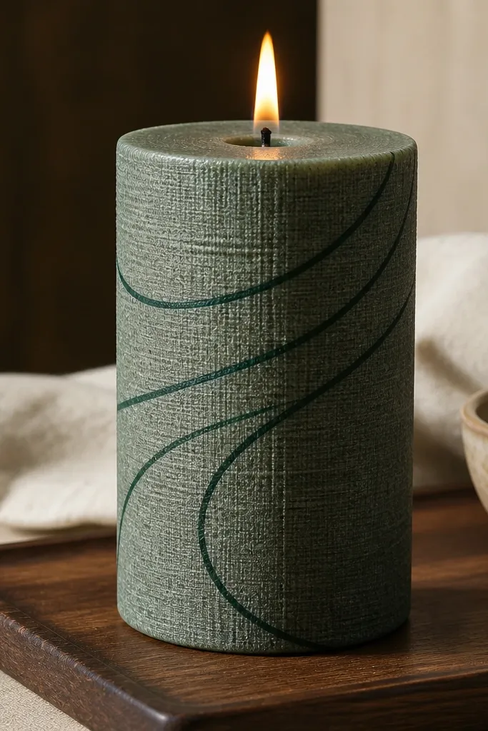 Forest green candle with thin linen-like texture lines