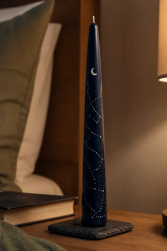 Dark navy candle with white dot constellations and a small moon