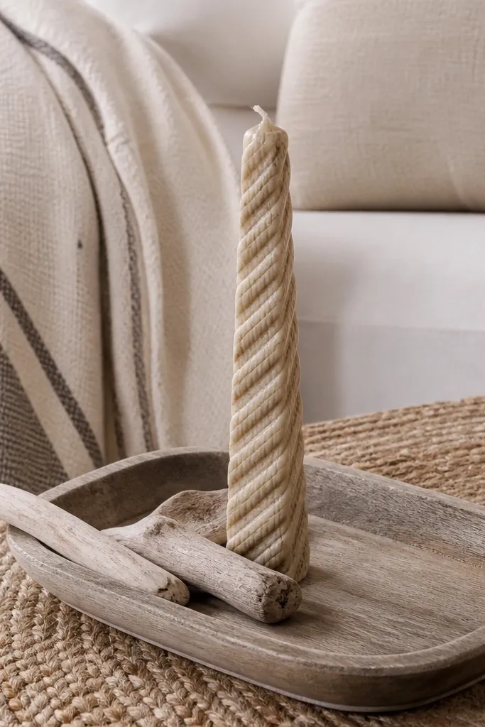 Cream candle with curved rope-like bands in tan and off-white