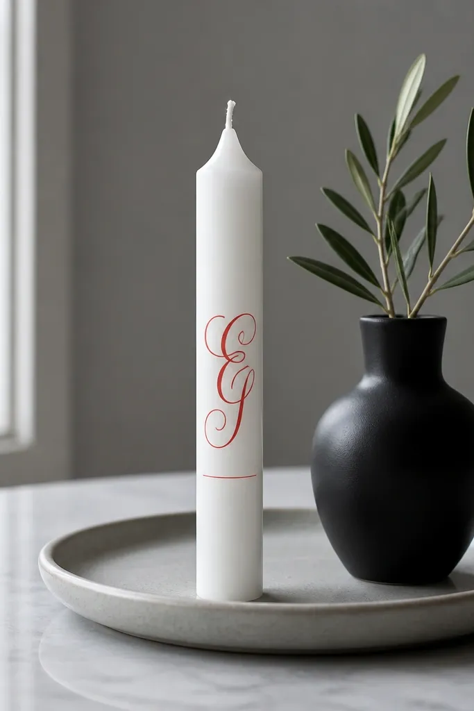 White candle with a single red script word and tiny underline dots