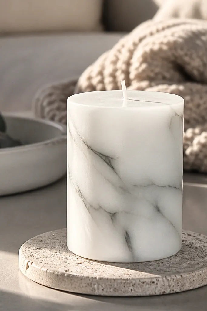 Off-white candle with gray marble veins and faint misty shading