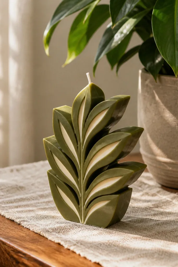 Cream candle with olive leaf silhouettes and small cream highlights