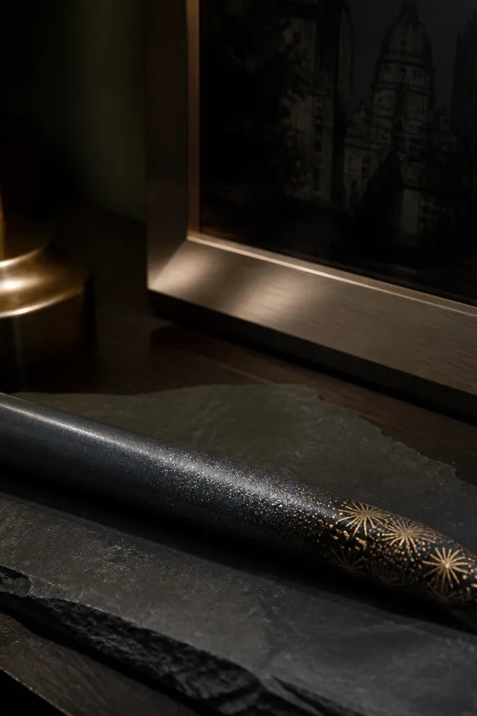 Dark gradient candle with gold starburst accents near the top