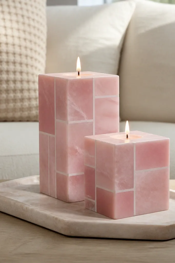 Blush pink candle with blocky rose quartz shapes and pale borders