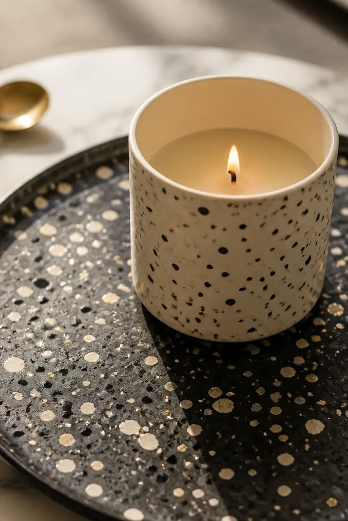 Cream candle covered with scattered black and gold terrazzo dots