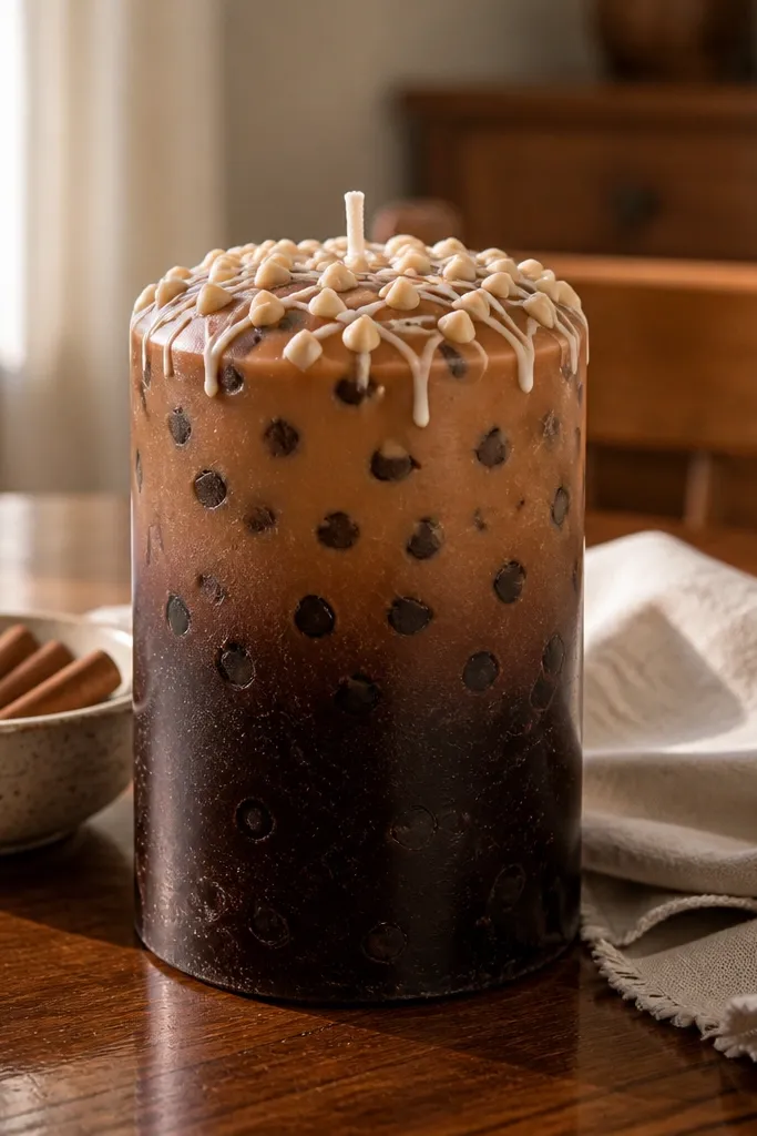 Brown ombre candle with tiny white drizzle lines and small cream chips