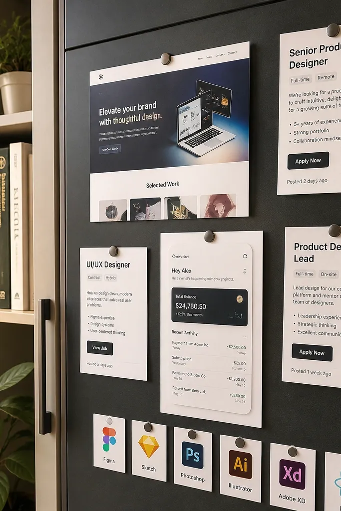 Black magnetic board with clipped career screen images and small task cards