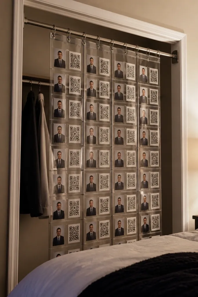 Clear plastic sleeves hanging on a tension rod with career photos inside