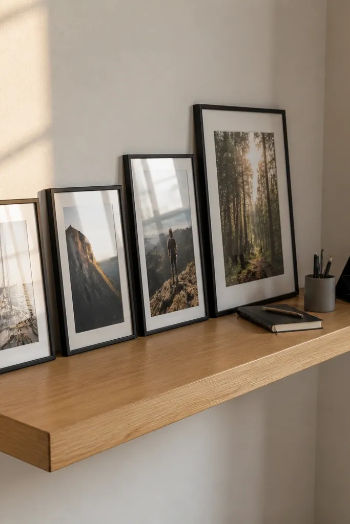 Small shelf with stacked career photos, a notebook, and miniature tools
