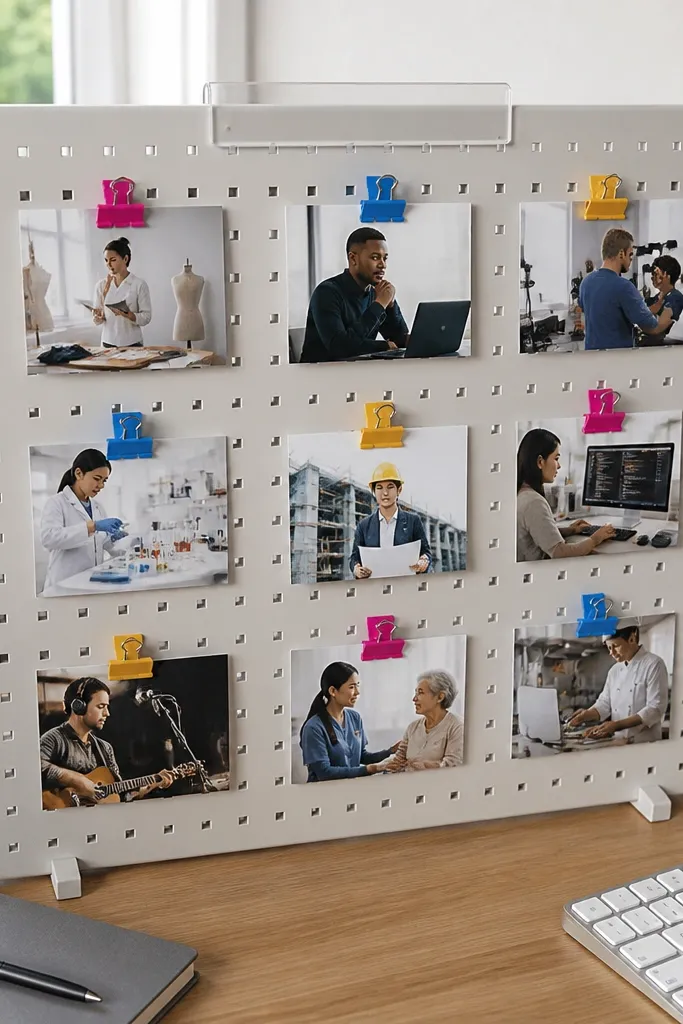 White pegboard with small clips holding career photos in tidy rows