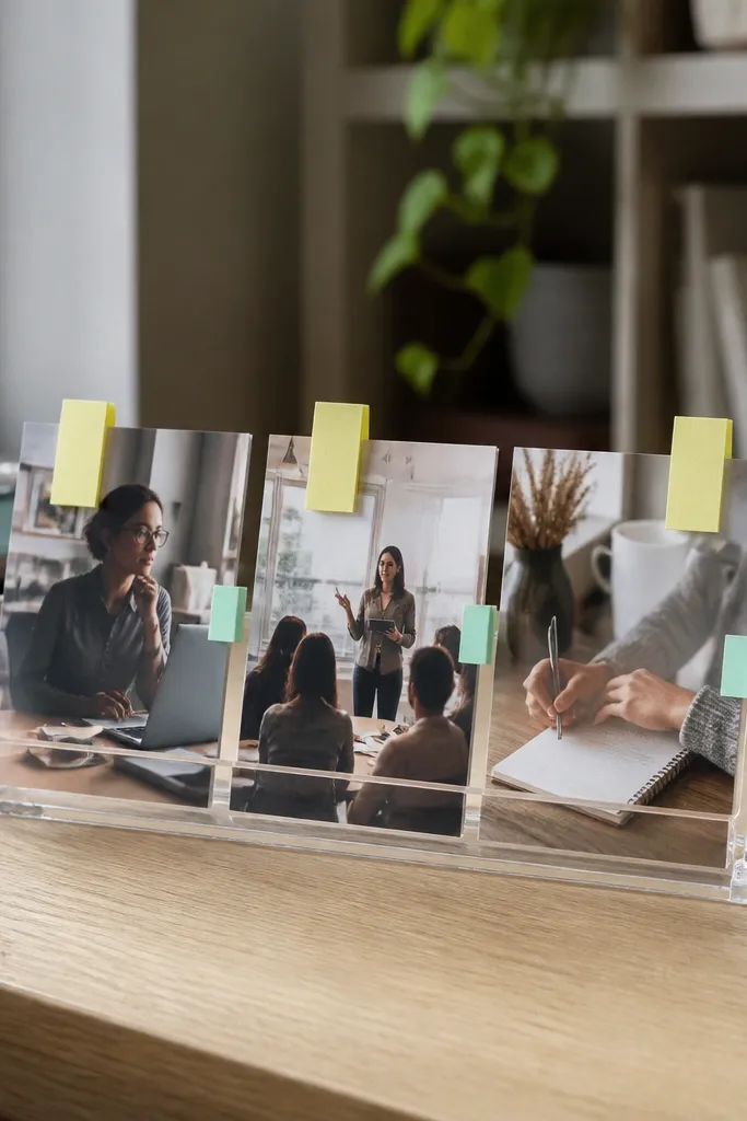 Acrylic stand on a desk with career photos and color sticky tabs