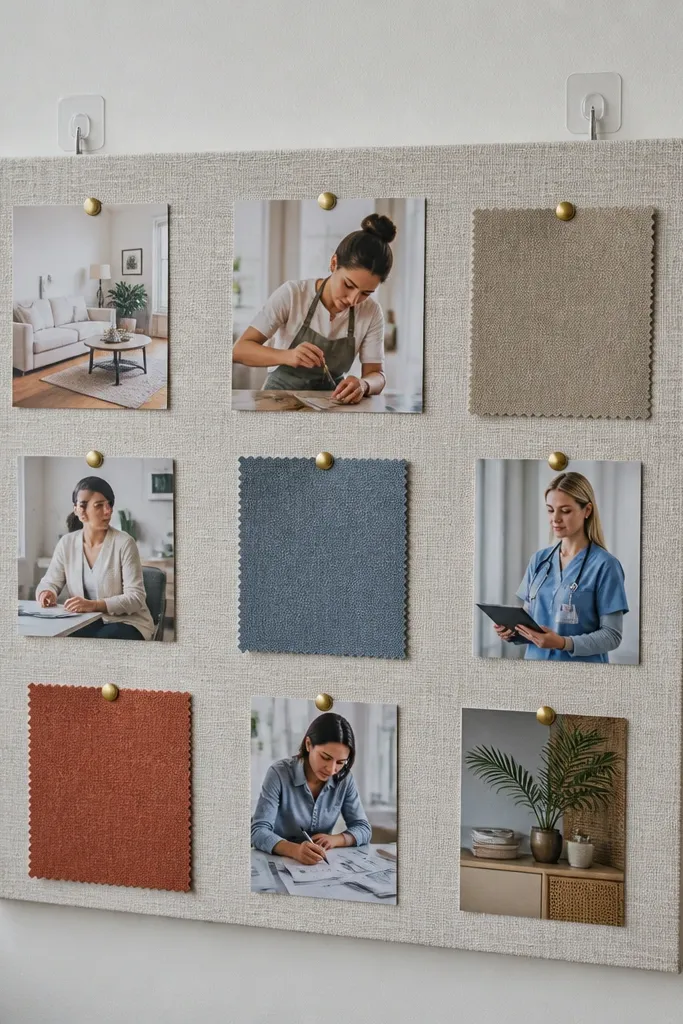 Wood sample board with fabric swatches and career role cards pinned in rows