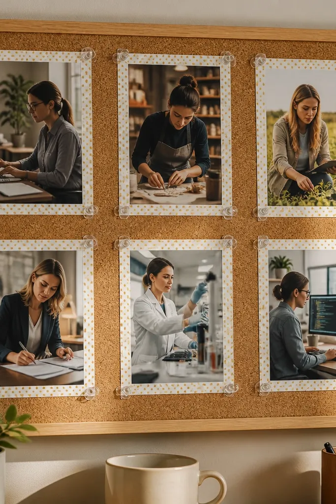 Corkboard with taped corner borders and pinned career images