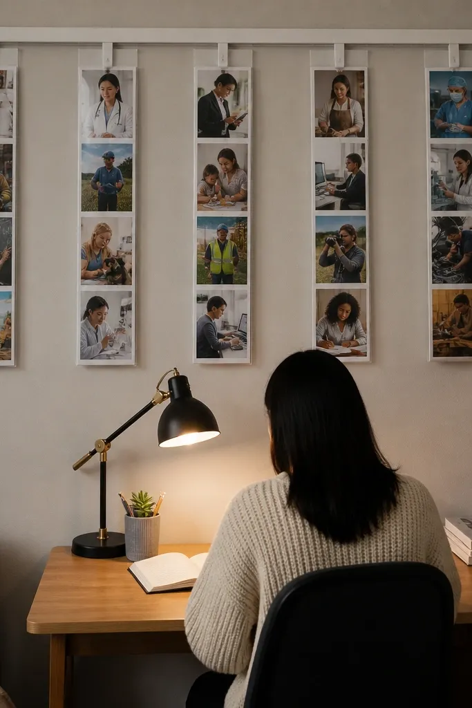 Clip-on strips hanging from a curtain track with career images
