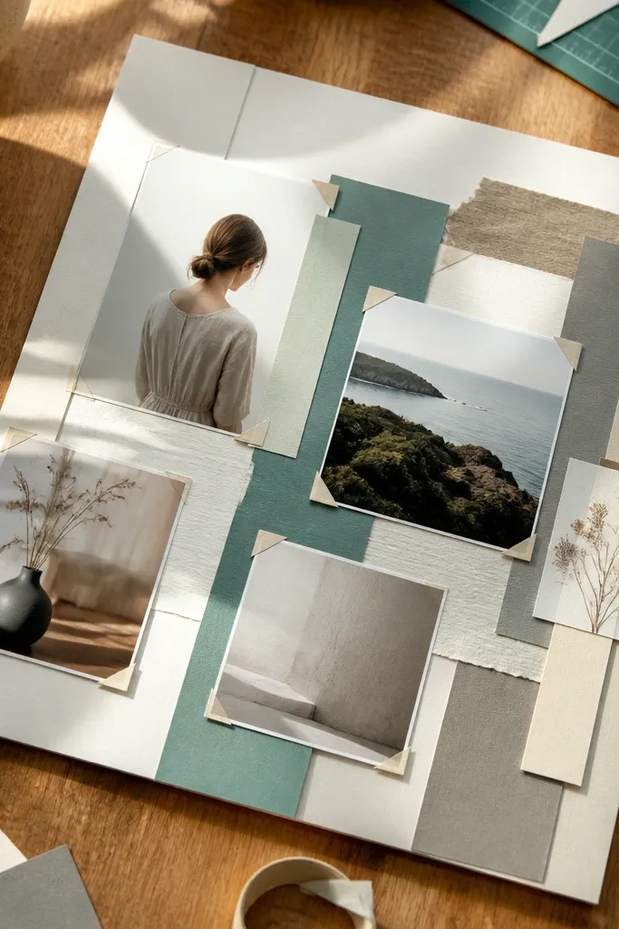 Layered paper collage on a board with photos pinned using corner tape