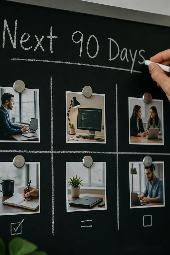Small blackboard wall panel with chalk labels and magnet-held career photos